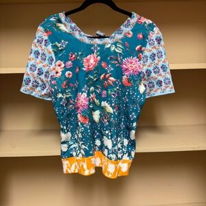 Maeve Teal and Orange Floral Short Sleeve Top